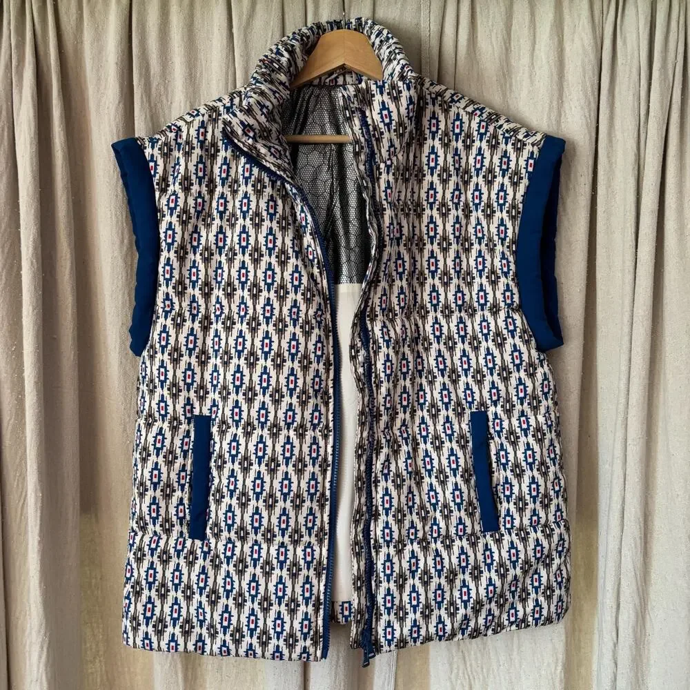 Aztec Print‎ Puffer Vest Men's Small Navy White Geometric Thermal Lined Zip